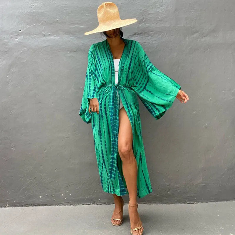 Printed cotton beach cover-up blouse with loose fit and long length for sun protection