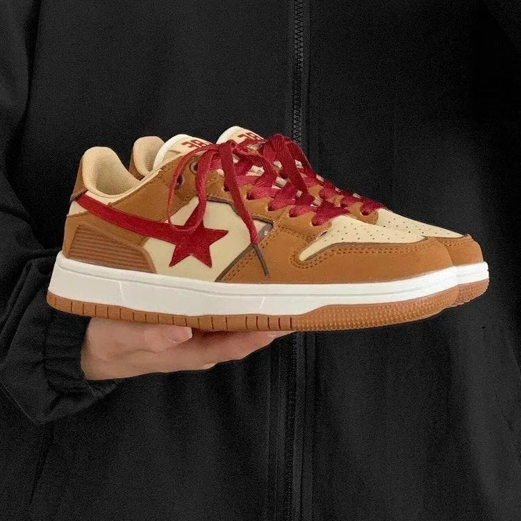 Brown women's casual sneakers with platform heel and sequin details on the PU upper.