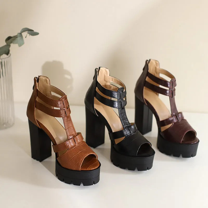 Casual platform high heel sandals with back zipper in black, wine red, or yellow colours.