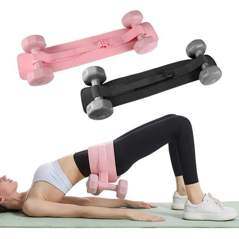 Black hip bridge auxiliary strap for dumbbell and barbell fitness training with lumbar support