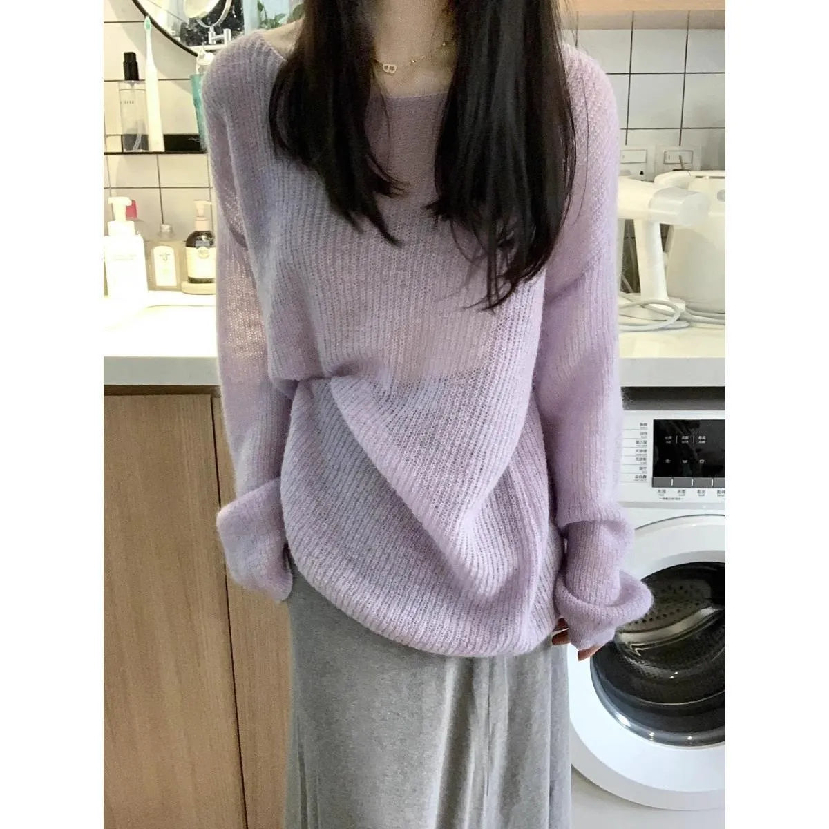 Purple women's blouse with hollow out princess sleeves in ice silk fabric, round neck pullover style