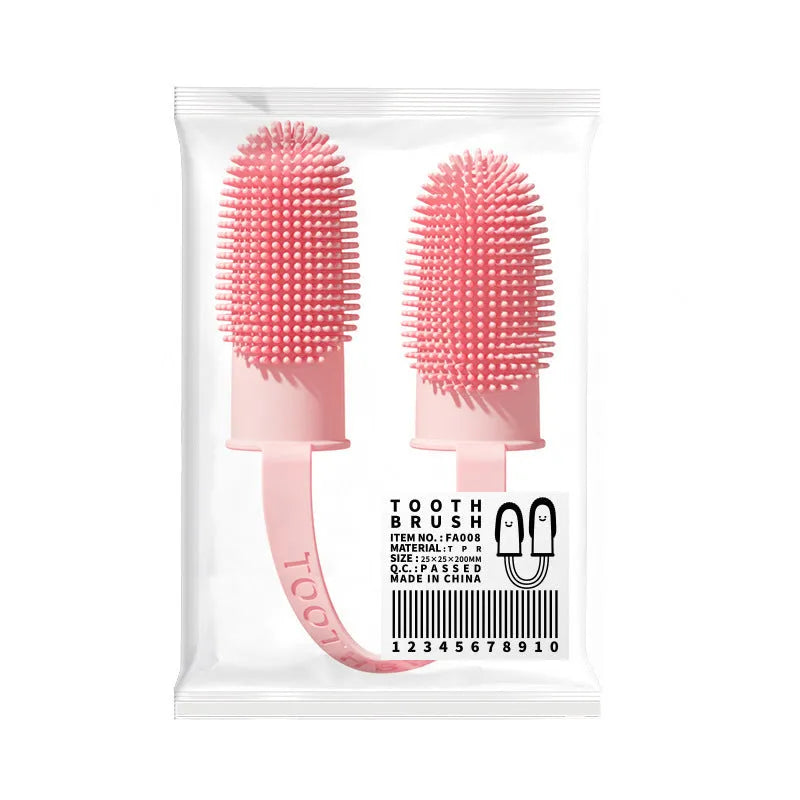 TPR finger cover toothbrush for pet dental cleaning in blue green, yellow, or pink.