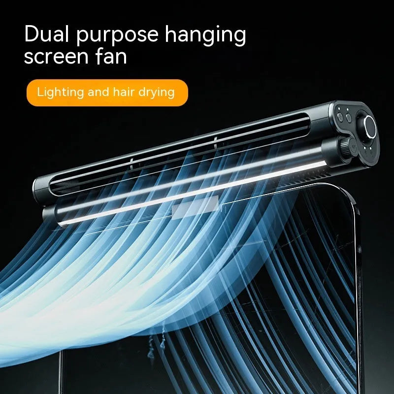 Black USB-powered bladeless clip-on fan attached to laptop screen with integrated LED lighting