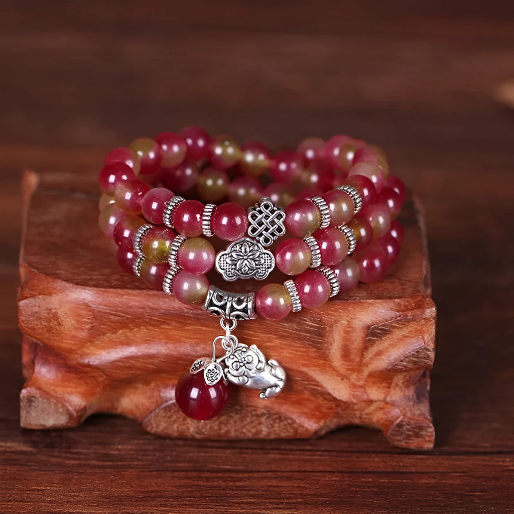 Handmade natural watermelon crystal bracelet with Chinese knot design and geometric beads