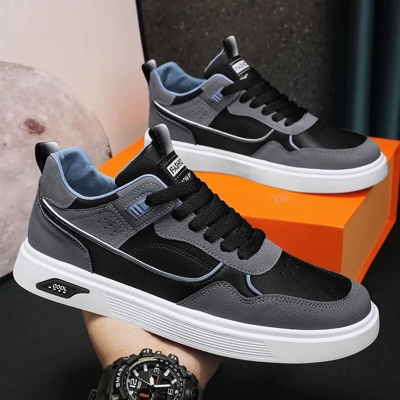 Men's Korean-style canvas board shoes with leather stitching and mesh lining in solid colour options