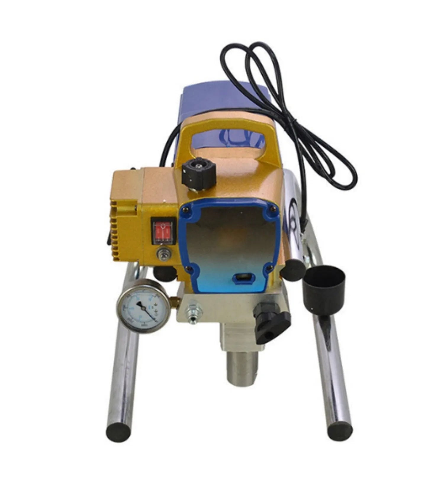 Blue portable electric airless paint spraying machine with spray gun, hose, and accessories on a workbench.