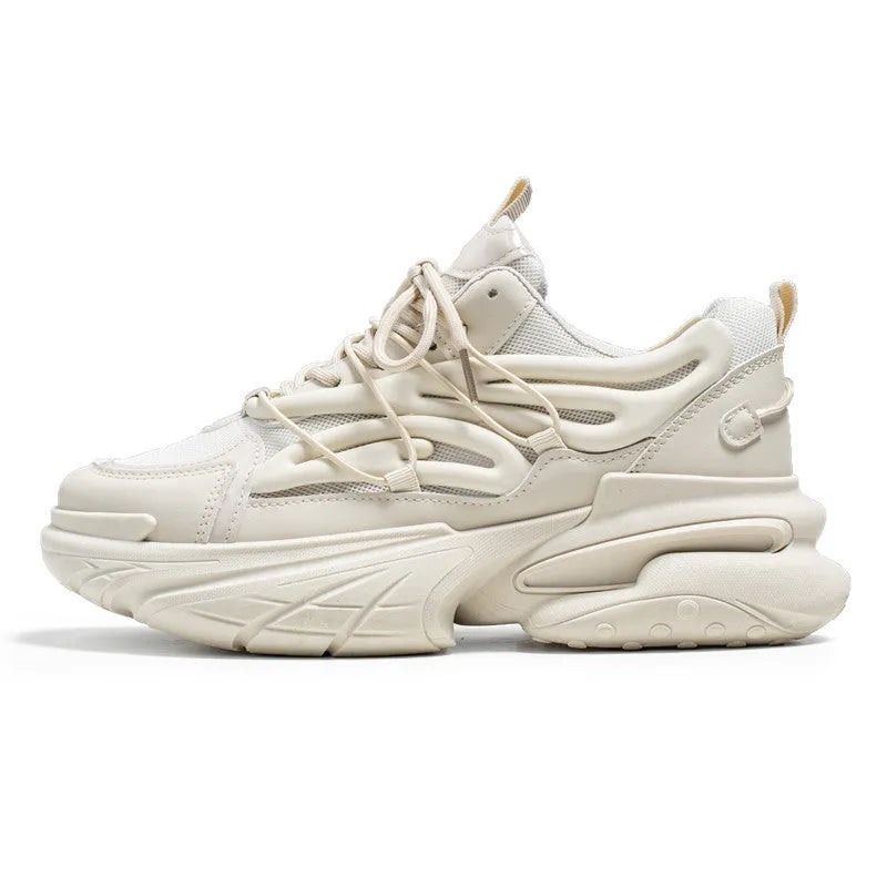 Men's beige mesh sneaker with PU leather upper and rubber sole showing lace-up front design
