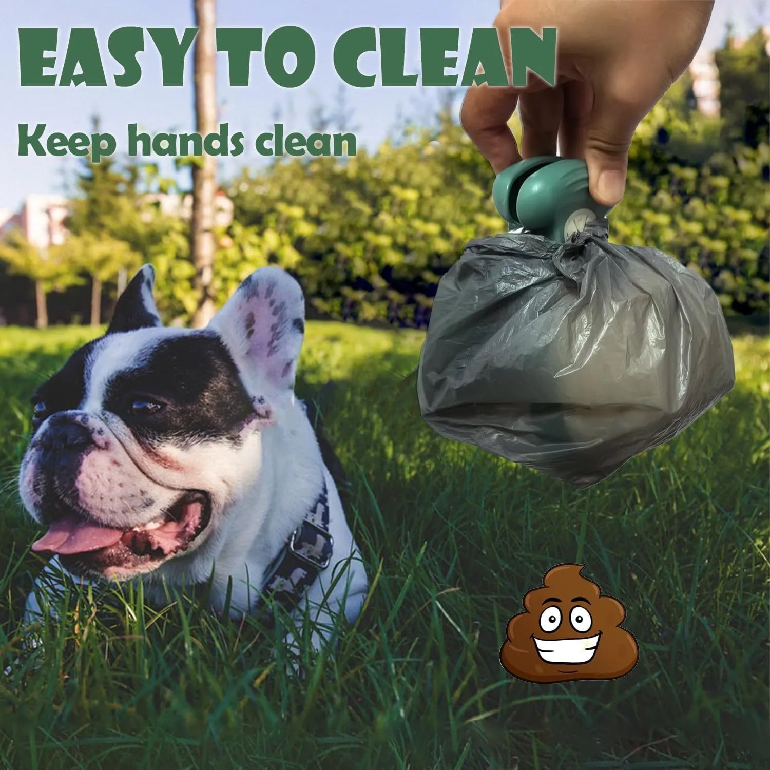 Blue portable dog pooper scooper with clip, unfolded waste container, and integrated bag dispenser.