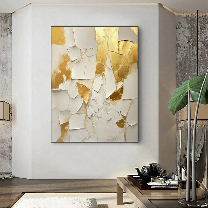 Golden and white handmade abstract oil painting on canvas, vertical one-panel wall art, unframed