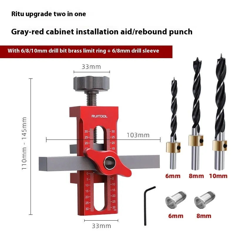 Aluminium alloy cabinet door installation aid tool for woodworking with 10mm drill hole fit.
