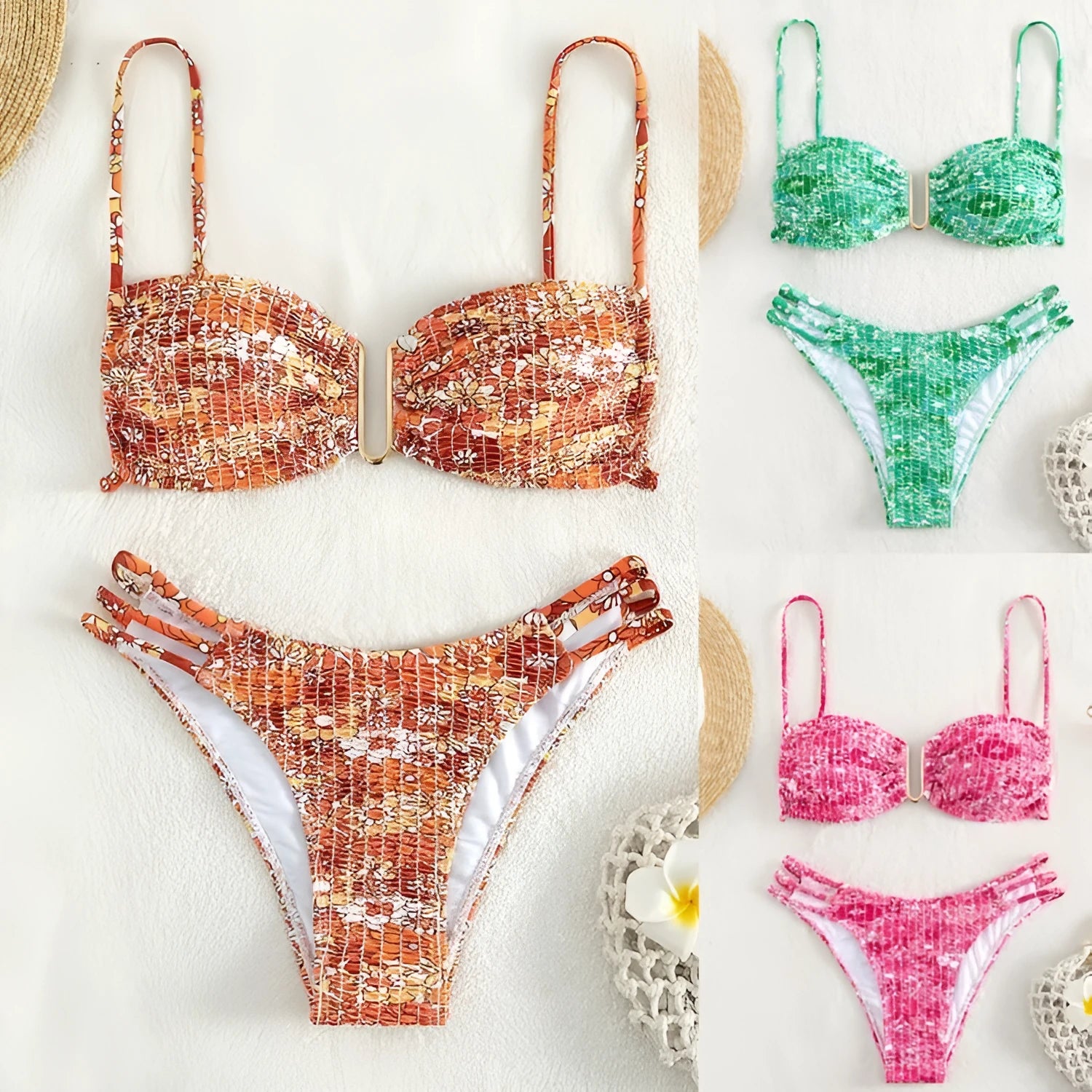Women's floral bikini swimsuit set with high waist briefs in solid orange, blue, or rose red.