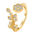 Women's open ring with diamond treatment flower leaves design in gold or white colour