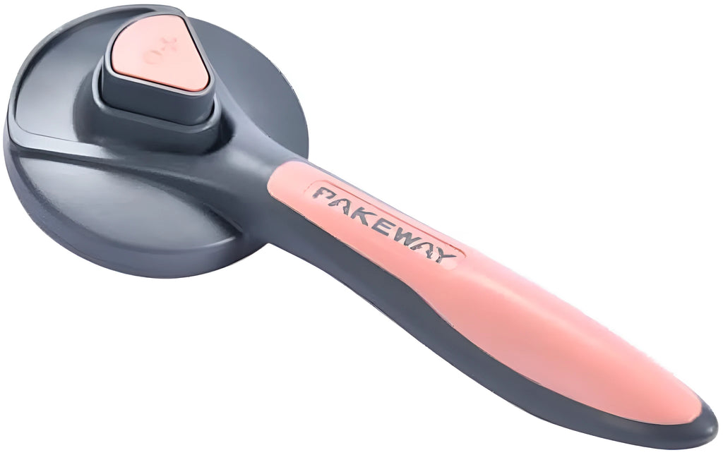 Grey self-cleaning slicker brush for pets with a one-click button and massage-tipped bristles on a white background