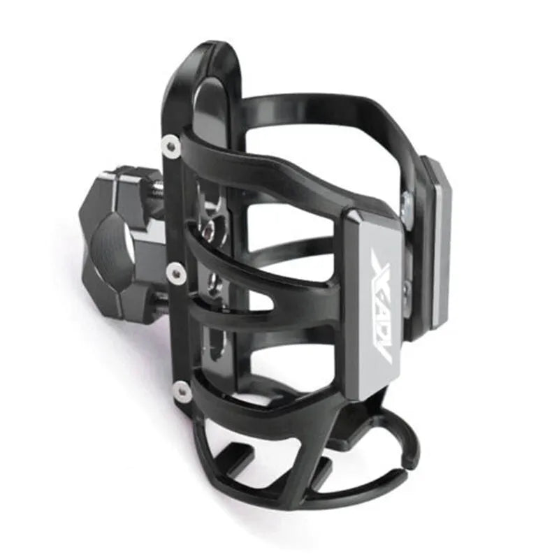 Black water bottle cage mounted on Honda X-ADV scooter bumper with mounting bracket visible