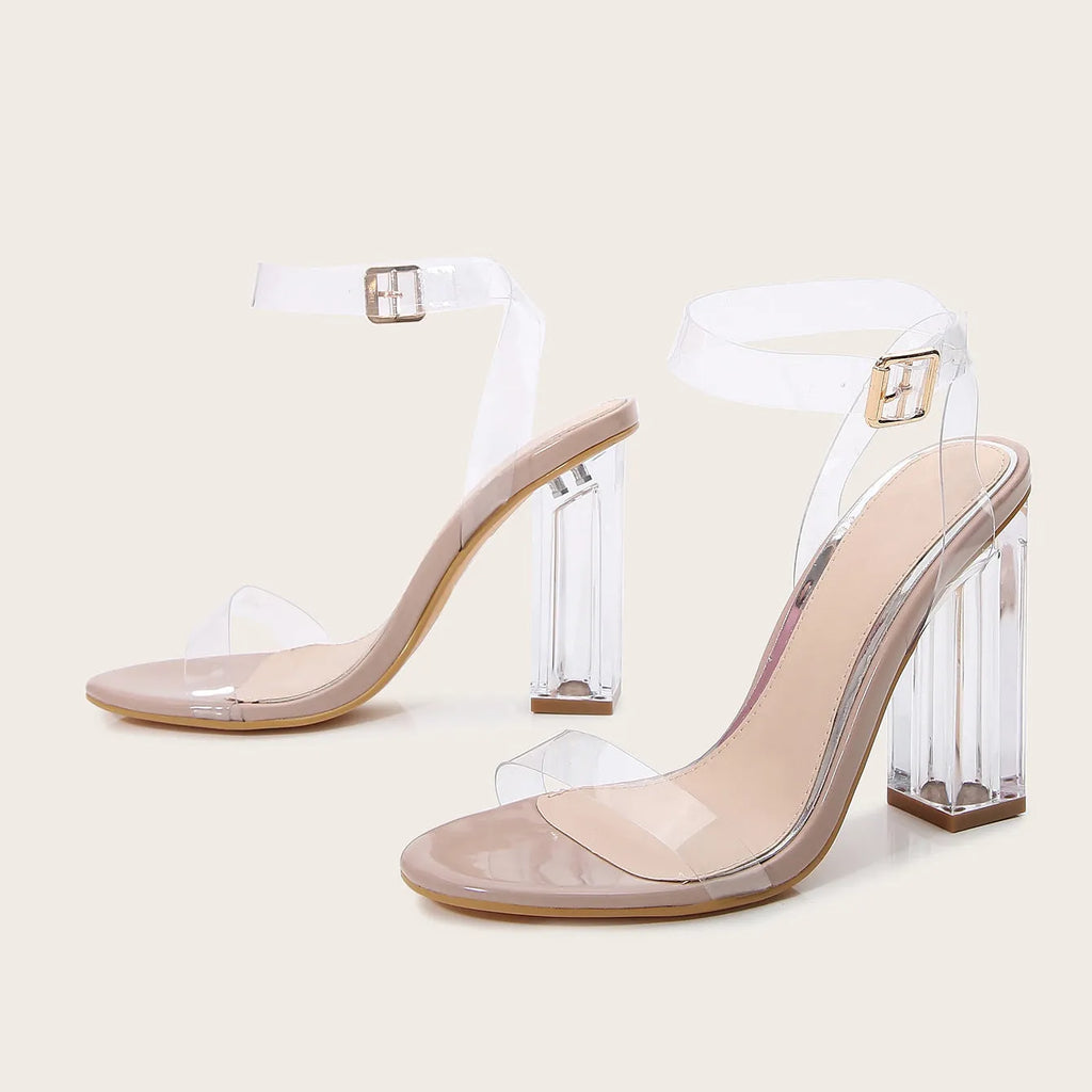 Apricot colour women's high heel sandals with glass heel, round toe, and buckle strap