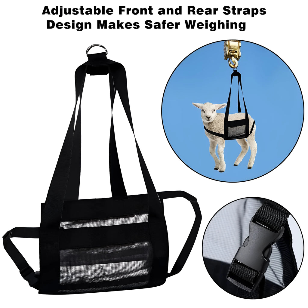 Black heavy-duty nylon animal weighing sling with metal D-rings, laid flat to show 35cm by 150cm dimensions