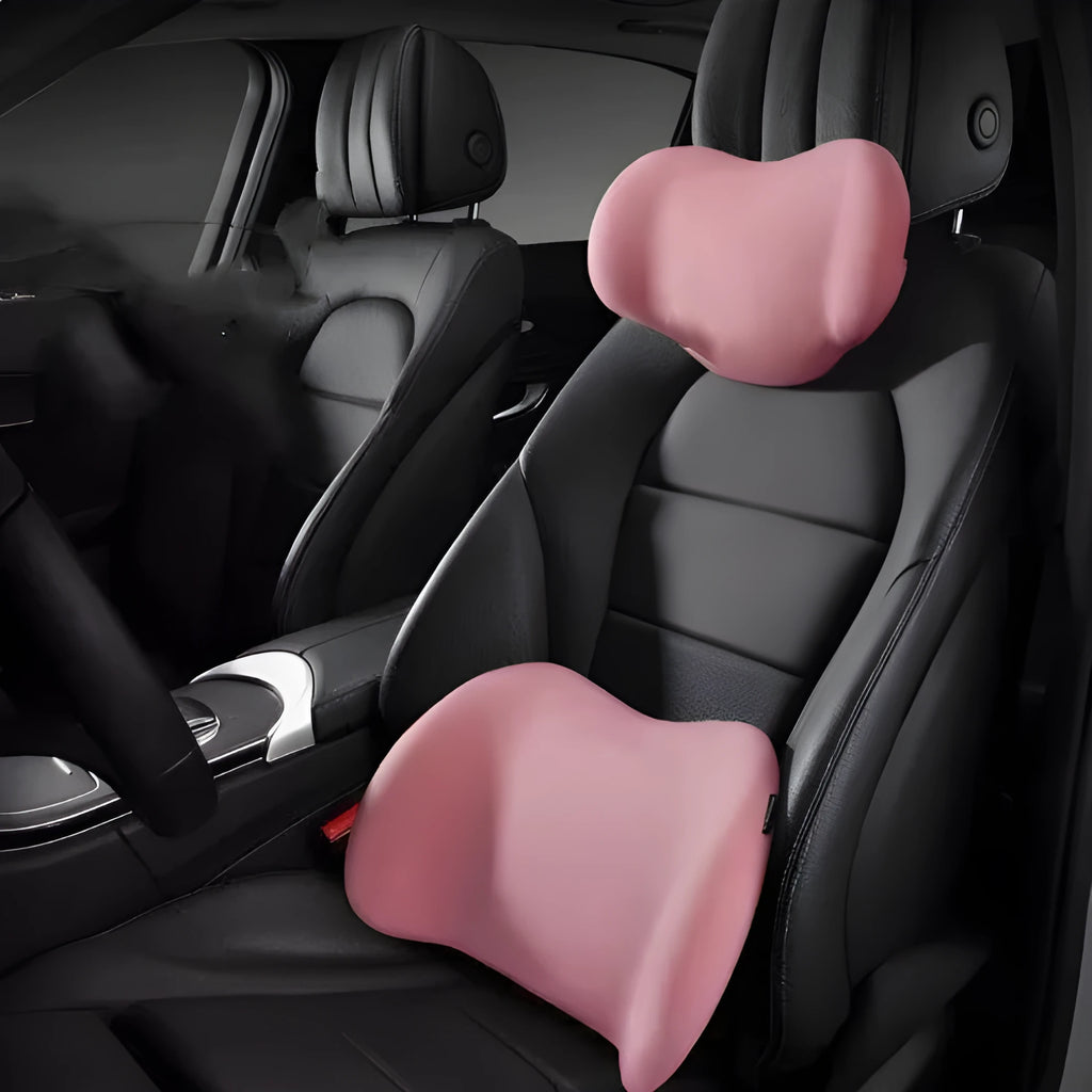 Memory foam car seat cushion set showing separate headrest pillow and waist support cushion
