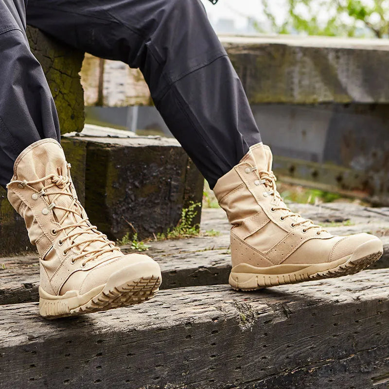 Yulong summer tactical desert combat boots in black and sand colours for outdoor climbing and hiking.