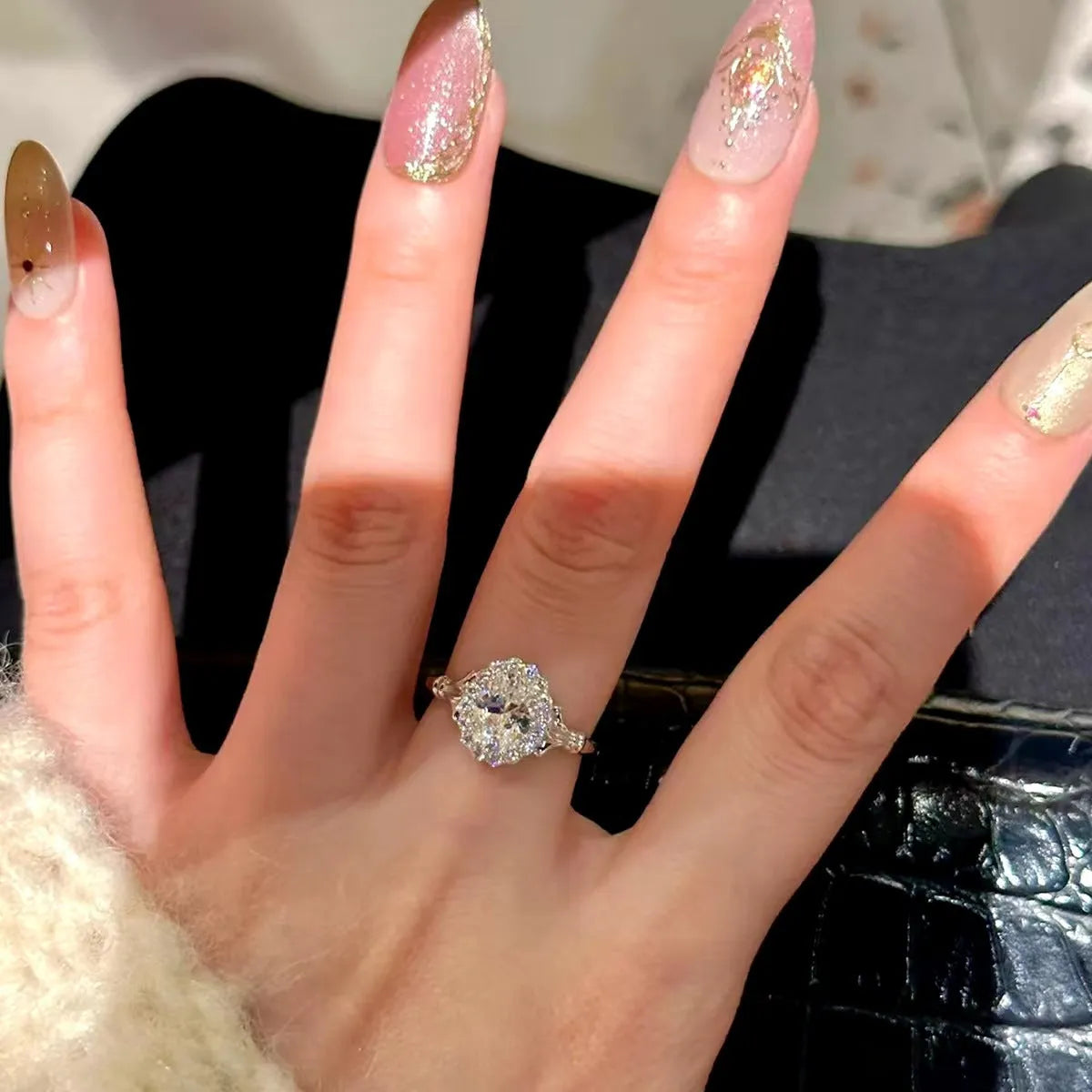 Silver geometric ellipse adjustable bridal diamond ring with copper construction