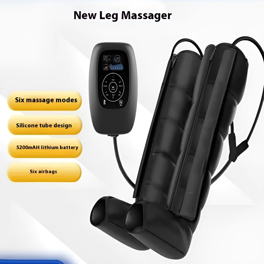 Air compression massager set with leg cuffs, arm unit, waist unit, and handheld remote control.