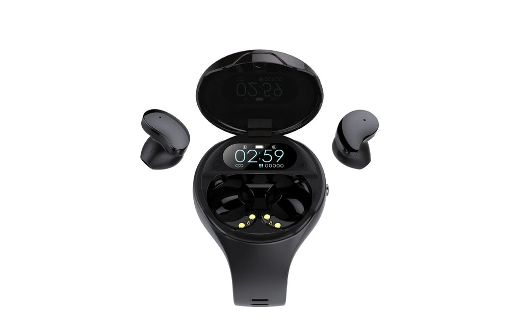 Black detachable smart watch and Bluetooth earphone combo for fitness tracking and calls.