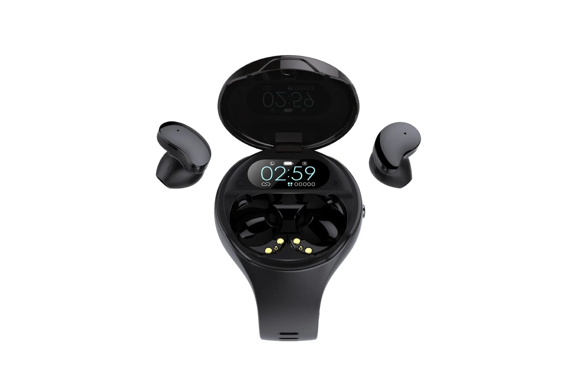 Black detachable smart watch and Bluetooth earphone combo for fitness tracking and calls.