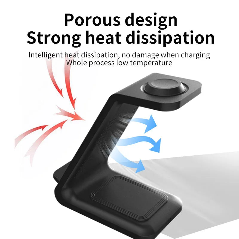 White 3-in-1 upright wireless phone charger with mobile device displayed at viewing angle