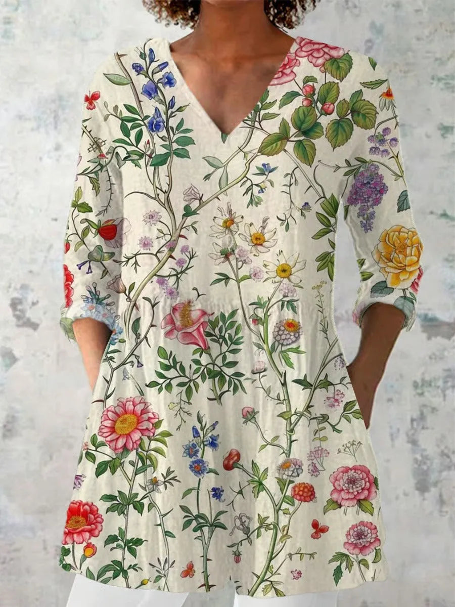 Women's retro slim fit long-sleeved top with digital print in polyester fabric available in multiple colours