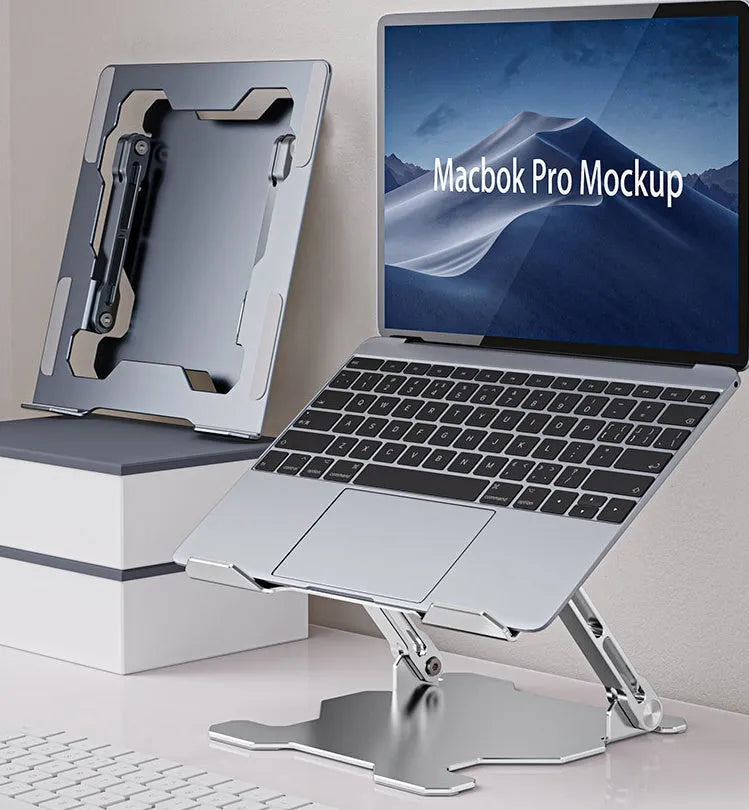 Aluminium adjustable laptop stand in folded and unfolded positions showing grey colour option