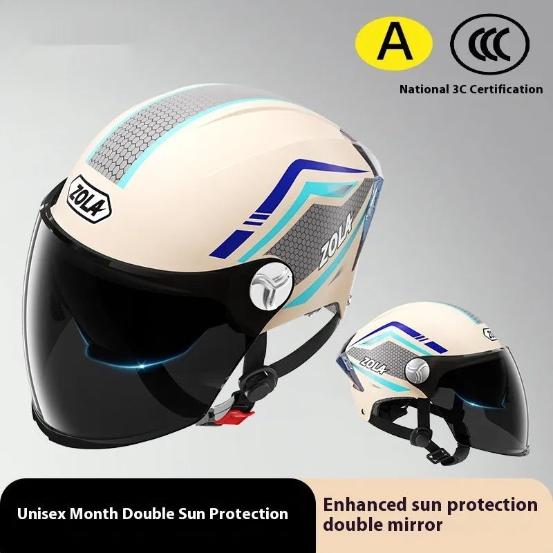 3C certified ABS half motorcycle helmet with double mirror visor in various colours for men women and children