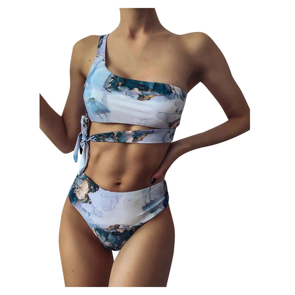 Women's high-waisted bikini set with marble tie-dye print and U-neck top