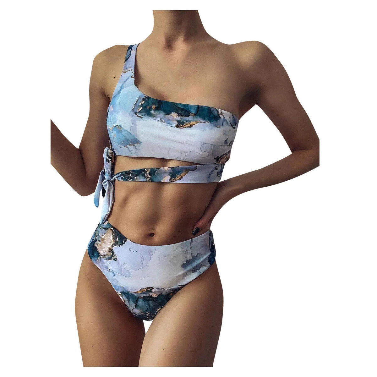 Women's high-waisted bikini set with marble tie-dye print and U-neck top