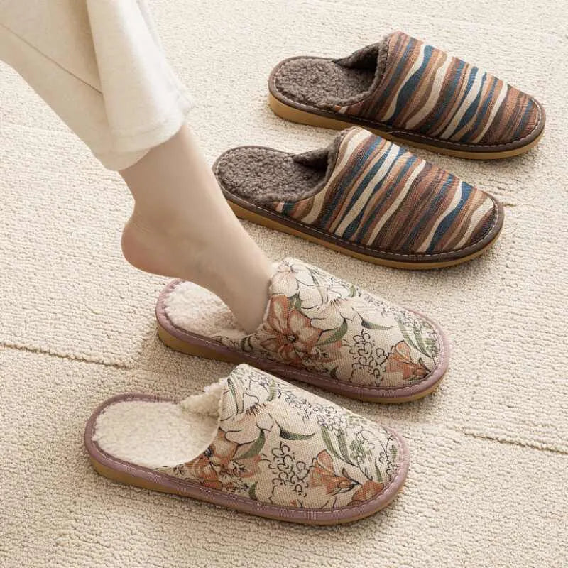 Cotton household slippers with linen surface and PVC soles in multiple colour options