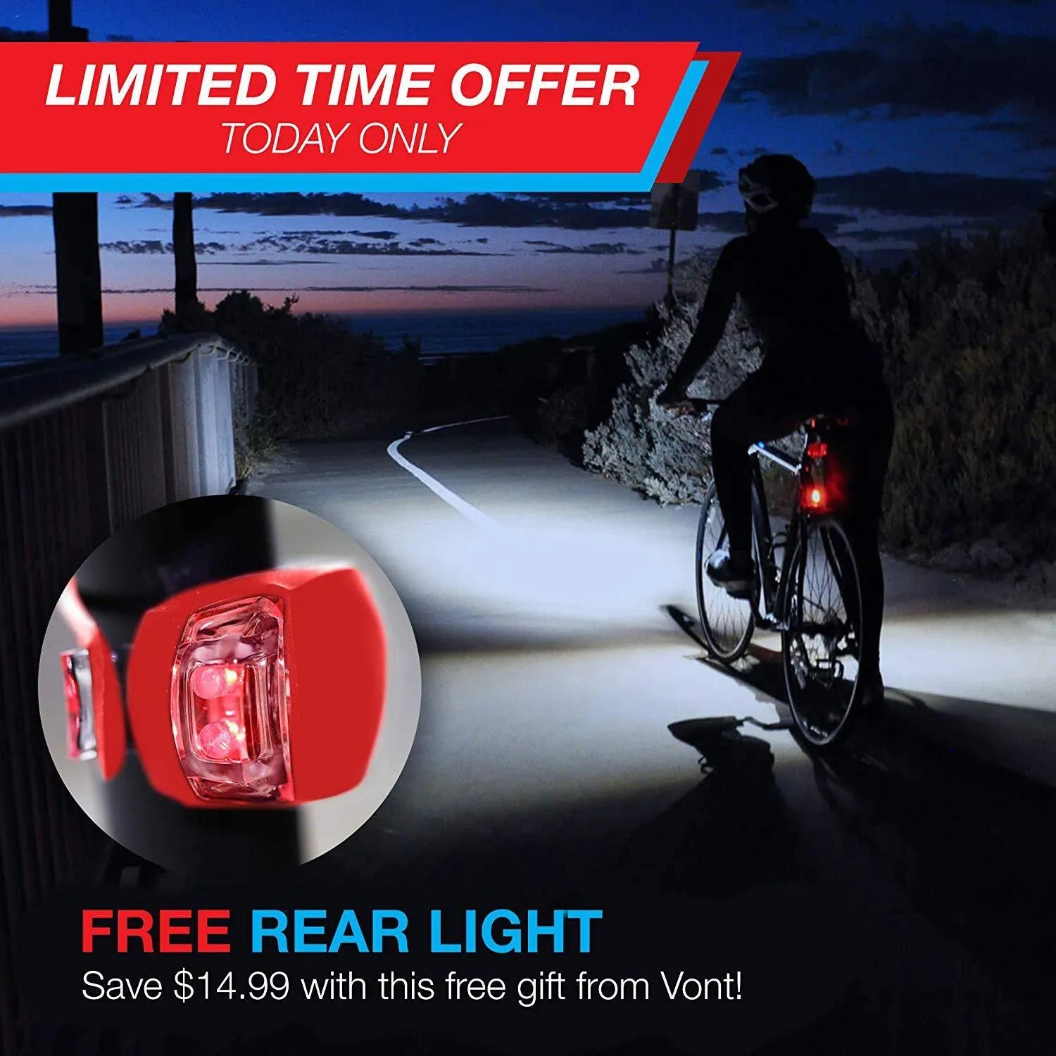 Bicycle headlight and taillight set with a black mounting bracket on a handlebar.