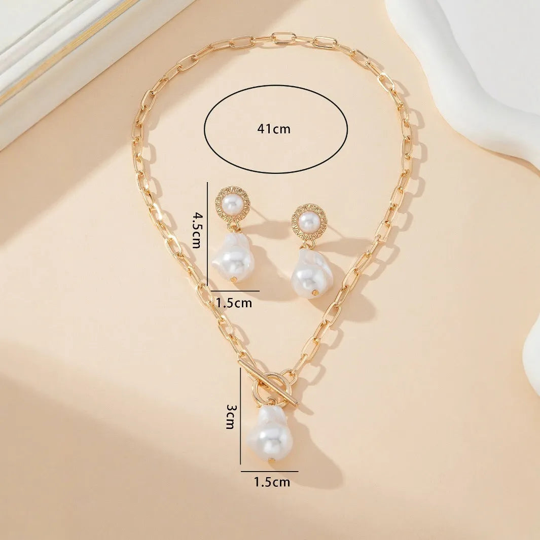 Gold retro baroque pearl necklace and earrings two-piece jewellery set for women
