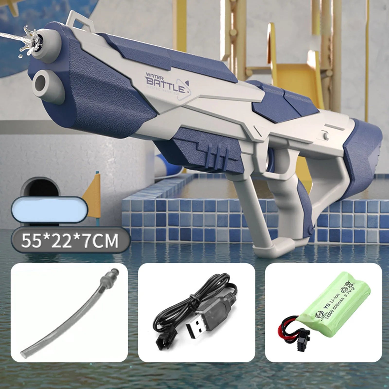 Blue electric space water gun toy with trigger and large water tank for outdoor play