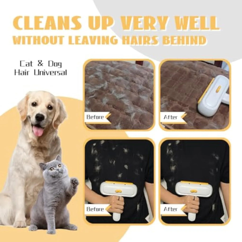 Portable pet hair brush with yellow duck design showing removable lid and polyester bristles