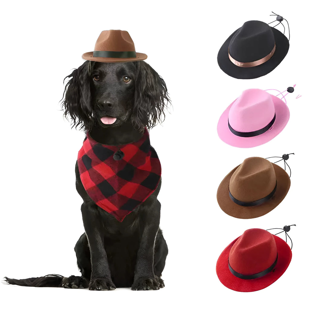 Small pet sun hat in wool felt with denim decoration, 15.5 cm diameter size for dogs or cats
