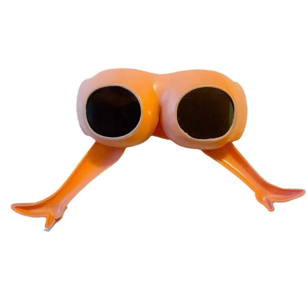 Orange plastic personality sunglasses for novelty leg and hip wear.
