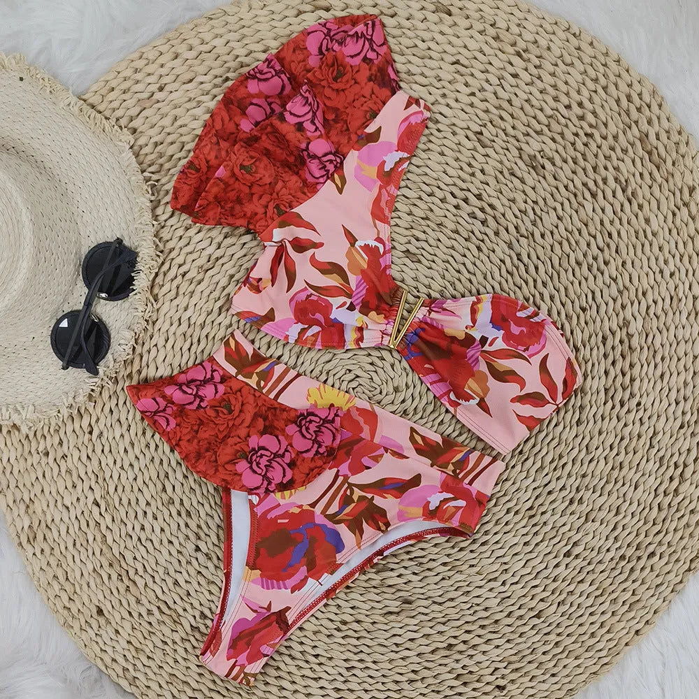 Women's pink floral print high-waisted one-shoulder swimsuit bikini set