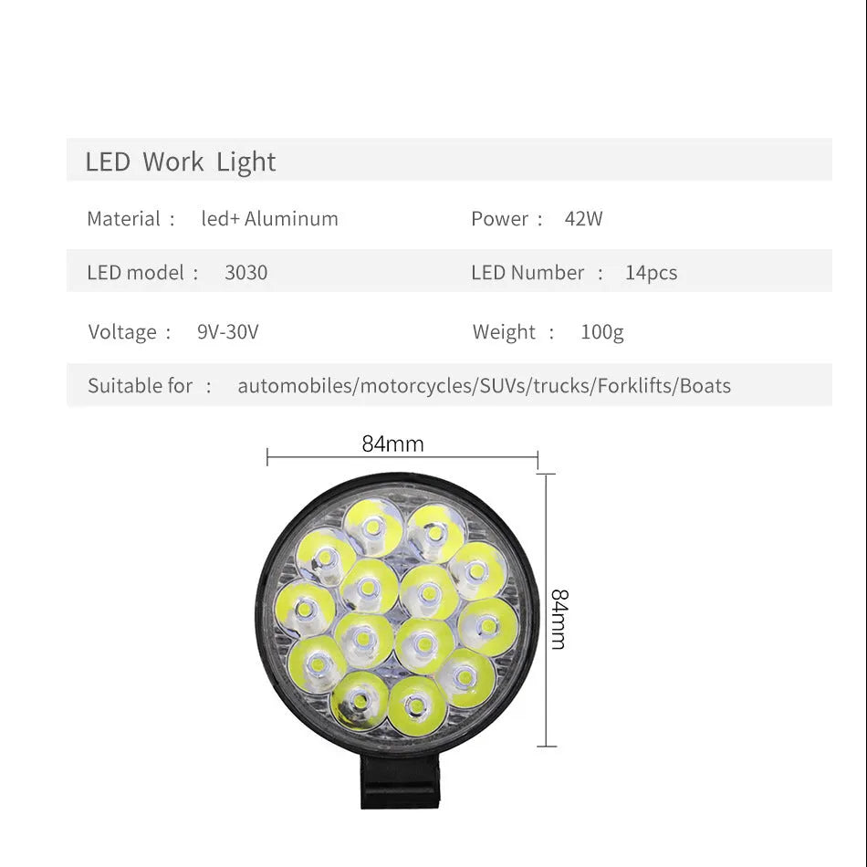 White aluminium mini round 42W LED work light with IP67 waterproof rating for vehicles and machinery.