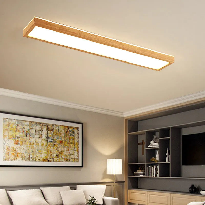 A long, linear solid wood ceiling lamp in New Chinese style, shown in a walnut finish, hanging from a covered balcony ceiling.