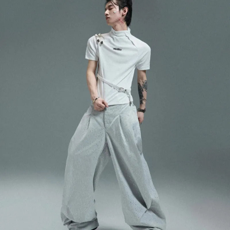 Cotton men's slim fit T-shirt with metal belt design and stand-up collar in black and white colours