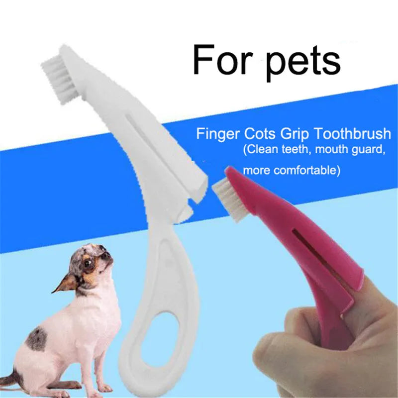 Red and white finger-sleeve toothbrush for pet dental cleaning with soft silicone bristles.