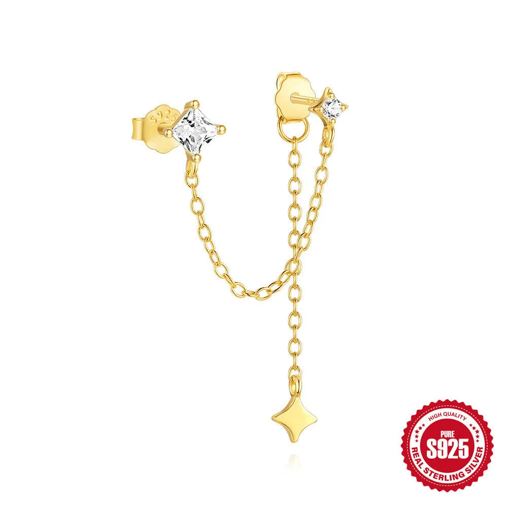 S925 Sterling Silver geometric earrings with zircon inlay for double piercings in golden colour