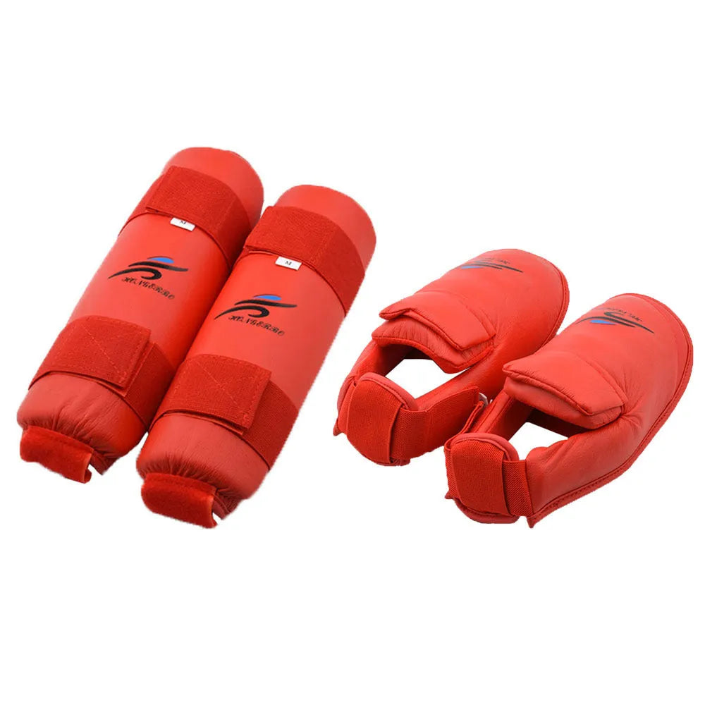 Karate and taekwondo protective gear set with red leg guards, helmet, and boxing gloves