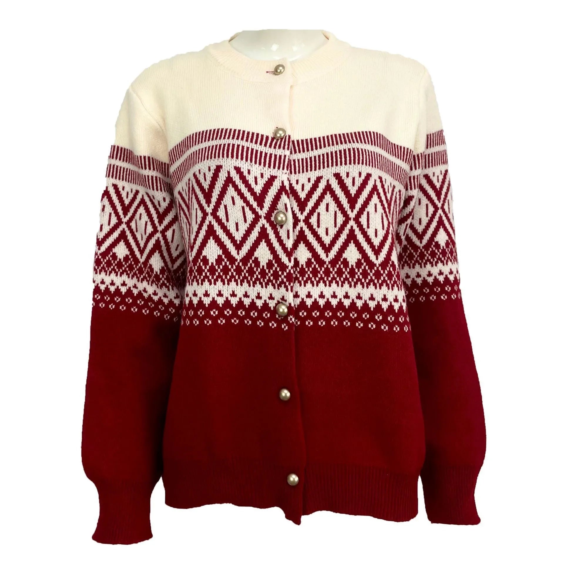 Women's grey alpaca wool cardigan with diamond knit pattern and long sleeves