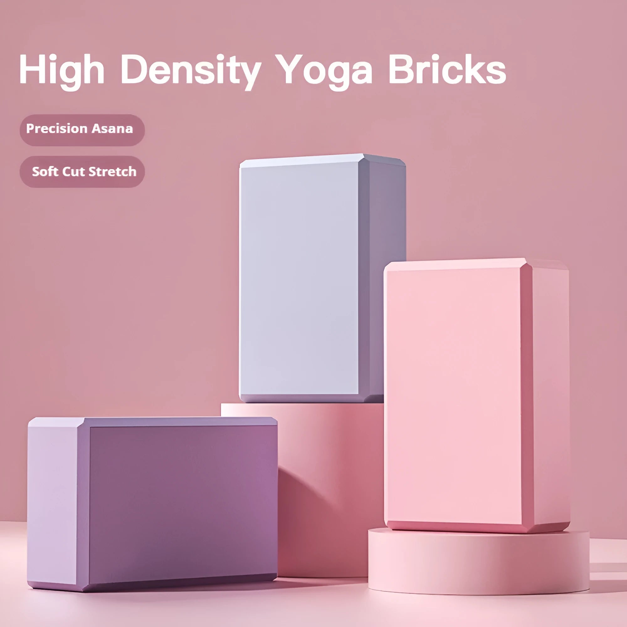 Solid colour EVA foam yoga brick block with hexagonal facets for grip, measuring 23x15x7.6cm.