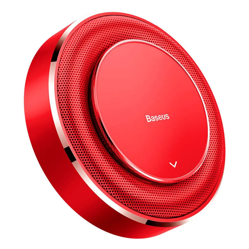 Round aluminium alloy car fragrance holder in black, red, or silver with four replacement tablets