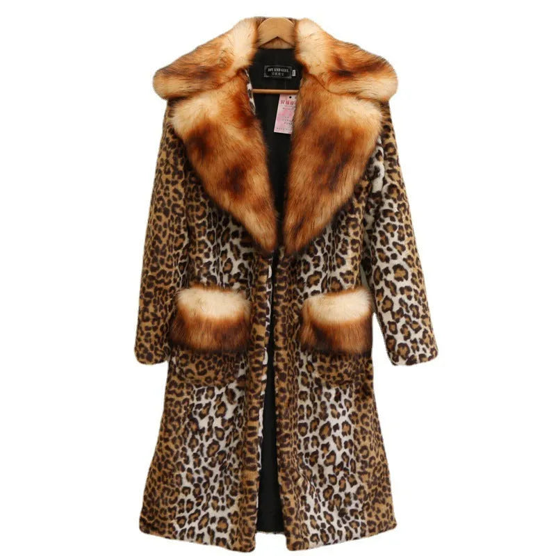 Women's long leopard print artificial fur jacket with regular sleeves
